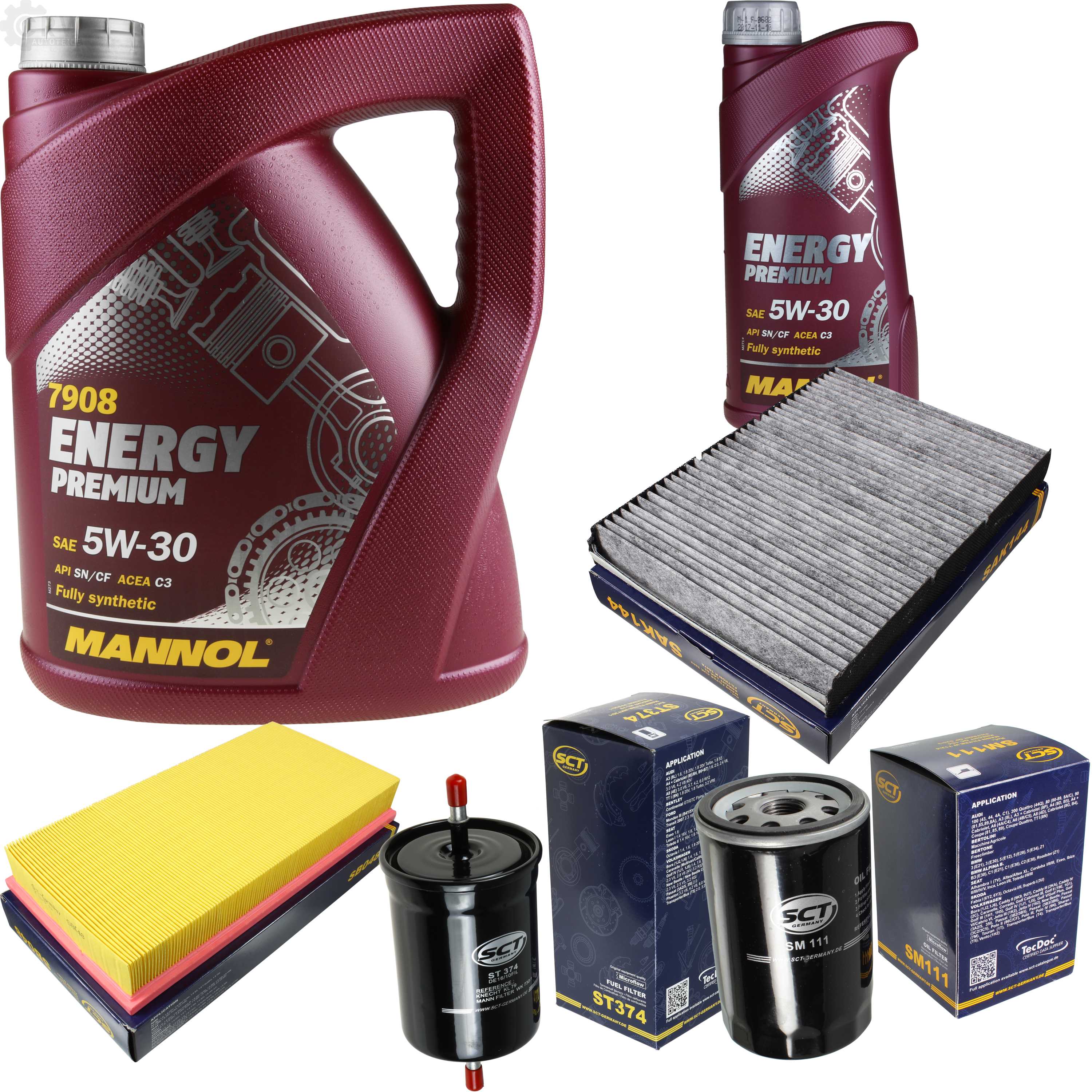 Zestaw do wymiany oleju 6L MANNOL Energy Premium 5W-30 Olej silnikowy + zestaw filtrów SCT 10195460 Domowy